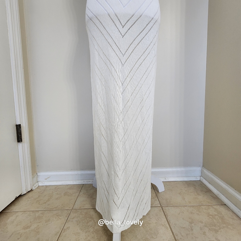 NWT! Elegant White Sweater Knit Sheer Maxi Dress Coverup - Picture 7 of 11